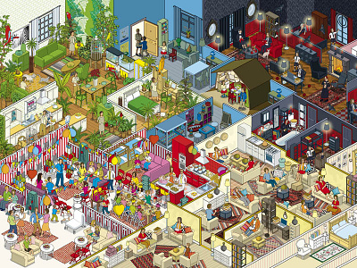 IKEA - Families & Apartments Advertising Campaign Pt1 advertising buildings detail furniture homes illustration illustrator infographics isometric people pixel art vector