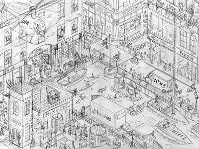 Nectar Business Superpoints Harbour - Pencil Rough design drawing drawn graphic illustration isometric maps pencil pixel art