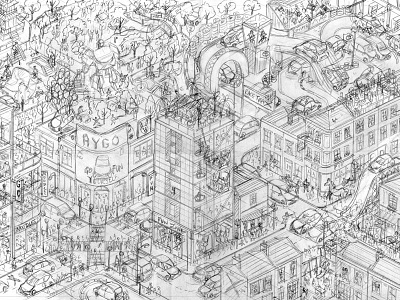 Toyota Aygo: Where's The X? Rough Drawing advertising automotive city cityscape drawing illustration illustrator line line drawing pencil rough wip