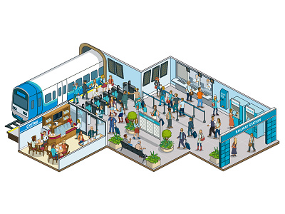 Ultra Electronics ID: Isometric Illustration - Transport buildings corporate cutaway detail graphic illustration illustrator isometric marketing people pixel art website