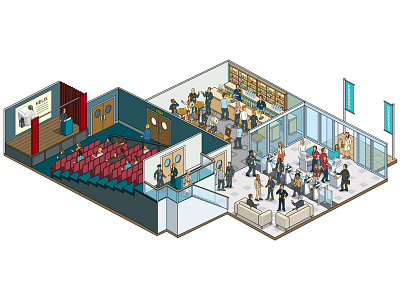 Ultra Electronics ID: Website Illustrations - Events buildings corporate cutaway detail graphic illustration illustrator isometric marketing people pixel art security