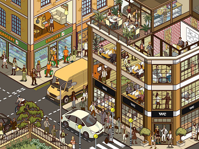 The Sharing Economy Isn't For Everyone: GQ Magazine (right side) business city cityscape detail editorial illustration illustrator isometric magazine people pixel art vector