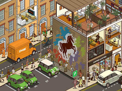 The Sharing Economy Isn't For Everyone: GQ Magazine (left side) business city cityscape detail editorial illustration illustrator isometric magazine people pixel art vector