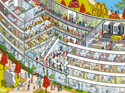 Find Tim Cook - Apple 40th Anniversary for MacFormat apple building crowds design detail graphic illustration isometric pixel art technology wheres waldo