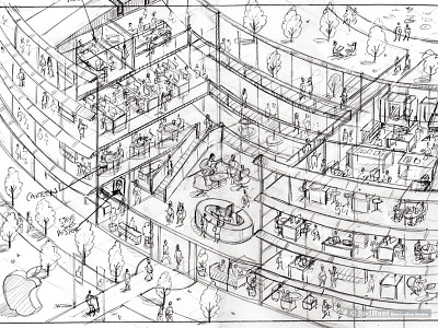 Pencil Rough - Find Tim Cook - Apple 40th Anniversary apple building crowds design detail drawing graphic illustration isometric technology wheres waldo wip