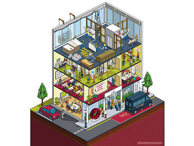 Simoni Strategy and Group Structure Illustration buildings corporate cutaway design illustration isometric office people pixel art vector workplace