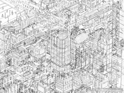 Expansive Cityscape Advertising Campaign Rough - Pt 1 advert advertising architecture campaign city cityscape detail drawing illustration illustrator isometric wip
