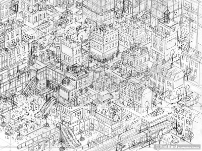 Expansive Cityscape Advertising Campaign Rough - Pt 2 advert advertising architecture campaign city cityscape detail drawing illustration illustrator isometric wip
