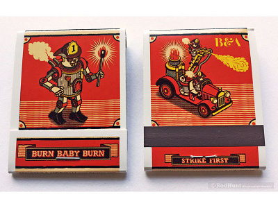 Burn Baby Burn! Illustrated Matchbook Project graphic illustration illustrator isometric lettering packaging pixel art print design retro robot typography