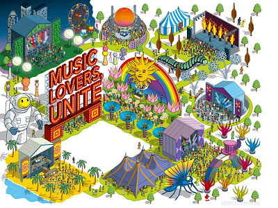Music Lovers Unite. Delta Sky Magazine Illustration editorial festival illustration illustrator isometric lettering map music pixel art