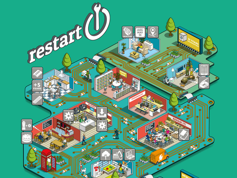 Fix Our Relationship With Electronics: Restart Project (pt1) business design detail electronics graphic illustration illustrator info graphic infographics isometric map people pixel art sustainability tech technologies technology vector