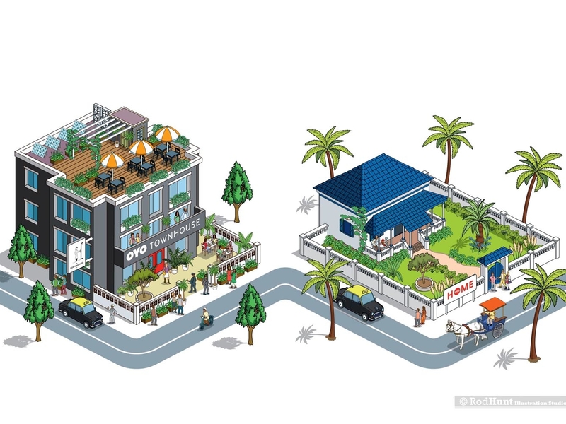 OYO Rooms: Book & Mural Illustration 3 advert advertising architechture business cityscape design detail graphic hospitality hotels illustration illustrator infographics isometric pixel art travel vector