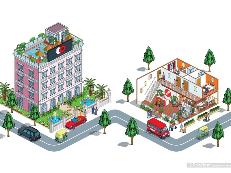 OYO Rooms: Book & Mural Illustration 5 advert advertising business city cityscape design detail graphic hospitality hotel branding hotels illustration illustrator infographics isometric pixel art travel vector