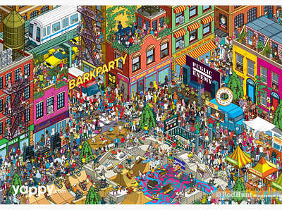 Baby Got Bark - Where's Your Dog? Book Spread animals city cityscape detail dogs graphic hiphop illustration illustrations illustrator illustrators isometric pets pixel art rap urban vector