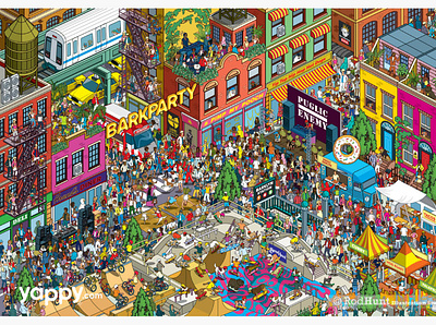 Baby Got Bark - Where's Your Dog? Book Spread city cityscape detail dogs graphic hidden object hiphop illustration illustrations illustrator illustrators isometric pets pixel art rap search and find seek and find urban wheres waldo wheres wally