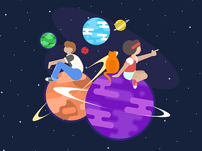 Girl and boy on the planets boy cat charachter design flat girl illustration planet space stars vector