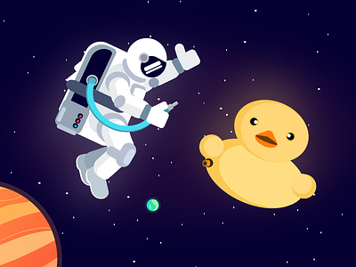Spaceman and Duck art charachter design duck flat illustration planet space spaceman stars vector