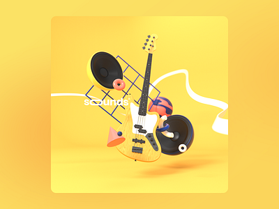 Sounds® Bass Guitar 3d 3d art app bass guitar c4d cinema4d clean colors design geometric gif guitar illustration model redshift render ui uiux web