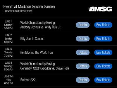 Daily UI #070 Event Listing for Madison Square Garden 070 70 dailyui event listing events events app listing listings madison square garden msg new york ny nyc