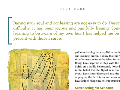Soul Care editorial hands illustration layout prayer pull quote typography
