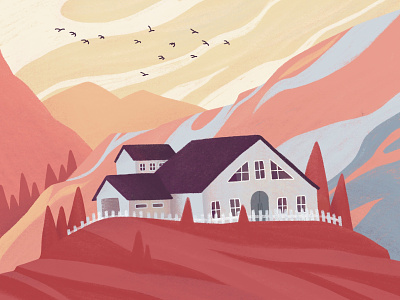 House in the mountains artist beautiful birds cottage country dawn design fence home house illustration landscape mountain orange red rock spruce sun sunset trees