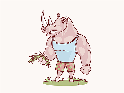 Herbivore Rhino animal character grass illustration muscles power rhinoceros strength vector