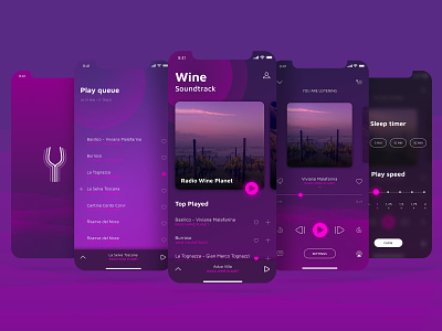 Wine Soundtrack app art direction debut dribble first shot flow music music app play play queue player ui podcast podcast art settings page ui ui art ui desgin ui pack ux