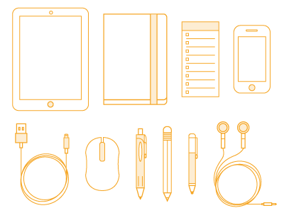 Icon set - first bunch desk headphones icon ipad iphone line mouse notebook pen pencil to do list topxel