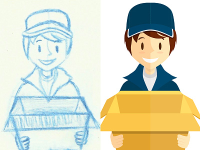 Delivery boy - from sketch to vectorial version box boy character delivery illustration