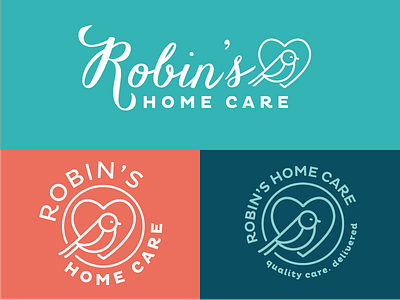 Robin's Home Care Logo Variations bird health care heart home care icon identity logo mark medical negative robin typography