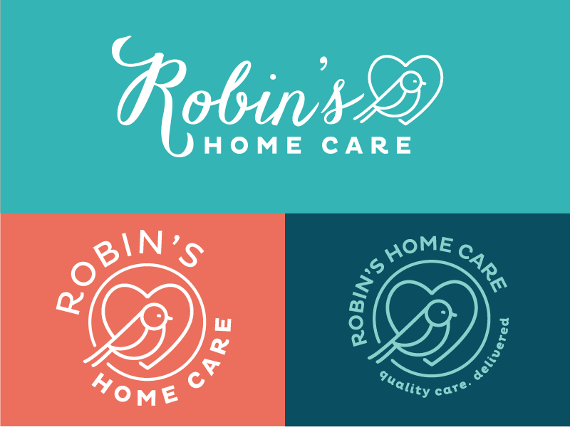 Robin's Home Care Logo Variations typography heart icon identity mark bird robin medical health care home care negative logo