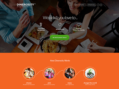 Homepage Dinerosity clean design flat header homepage minimal product slideshow startup ui ux web