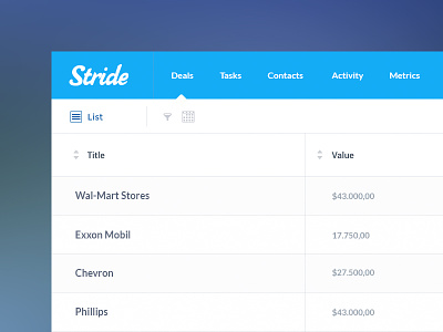 List View(table) for Deals in Stride CRM app crm data deals design ia product saas table ui ux web