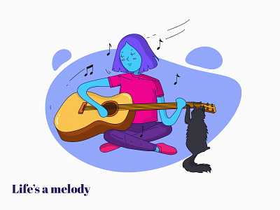 Life's a melody ace2ace ace2ace studio cat cat illustration cat lady design girl character girl illustration grain guitar illustration magenta melody purple singing vector