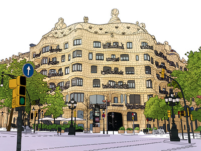 La Pedrera architecture gaudi illustration watercolor