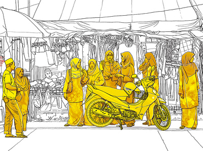 Islamic Women behind a motorbike documentaryillustration illustration series watercolor