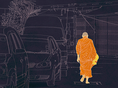 Budhist monk in a street of Bangkok documentaryillustration illustration watercolor