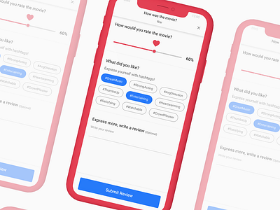 Slider & hashtags input form - BookMyShow Ratings & Reviews bookmyshow design form design heart movie app ratings reviews ticket app ui design