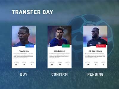 Football Transfers card design football game app user inteface