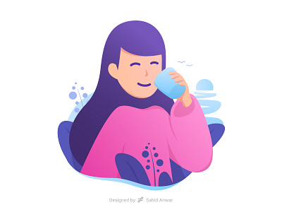 Girl Drinking Water activity character design drink girl illustration modern nature sunrise ui vector woman women