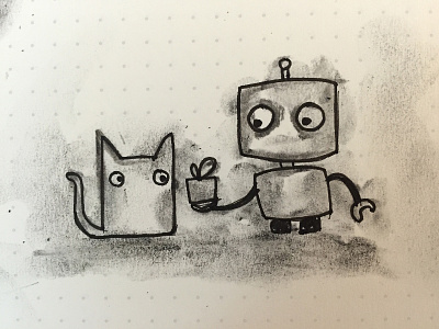 Robot and cat cat charcoal cute robot sketch