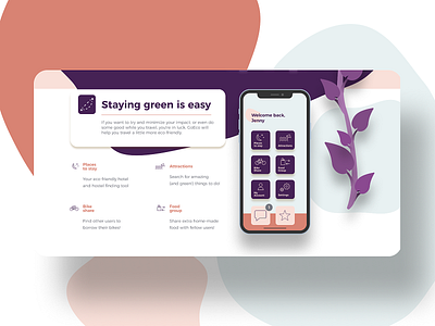 Eco-friendly travelling app and mobile mock up UI blobs digital design drop shadow eco graphic design homepage mobile app mobile app design mobile ui pastel web layout webdesign website layout