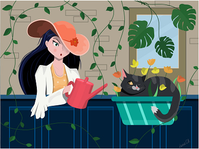 Lady with cat on a balcony animal balcony cat character colorful dialogue elegant funny garden green hat home illustration kitty lady long hair plants silly vector woman