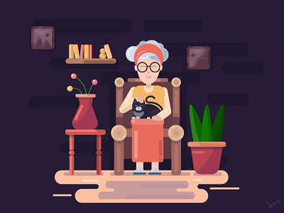 Granny with cat book cat character colorful cosy evening grandmother happy home illustration interior lady living room picture plants sit sitting smile vector woman