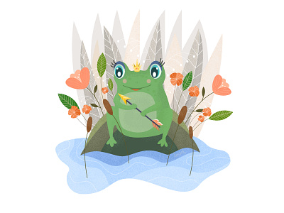 The Frog Princess Fairy Tale animal arrow character character design childrens book colorful crown cute flowers frog girl plants princess sitting smile stone vector waiting water weapon