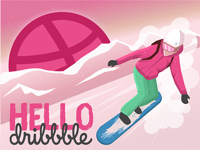 Hello Dribbble character colorful design dribbble debut hello hobby illustration man mountains pink snowboard sport vector winter