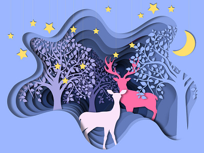 Paper forest fairytale blue and yellow character colorful cut out cut out design fairytale forest illustration layers moon night paper cutout papercut pink purple raindeer stars trees vector
