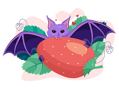 Purple bat vampire eating strawberry animal bat berry cartoon character colorful eat fly fresh green love purple red strawberry summer tasty vampire violet wings