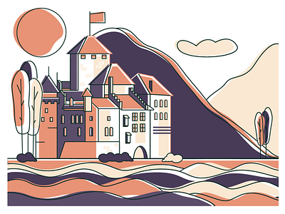 Castle Chateau Chillon in Switzerland architecture artwork building castle chateau colorful drawing europe flat illustration history illustration landscape nature orange purple sightseeing simple switzerland tourism vector