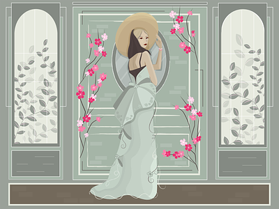 Glamour woman with a wide brim hat character classic dress english floral glamour green hat illustration interior lady look model old fashion pastel colors posture sakura style vector woman
